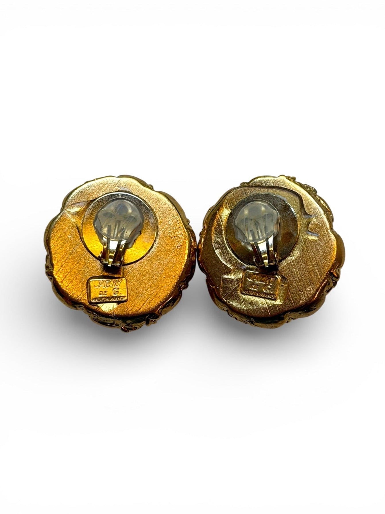Vintage Jacky de G Gold-Tone Quilted Dome Chain Border Clip Earrings