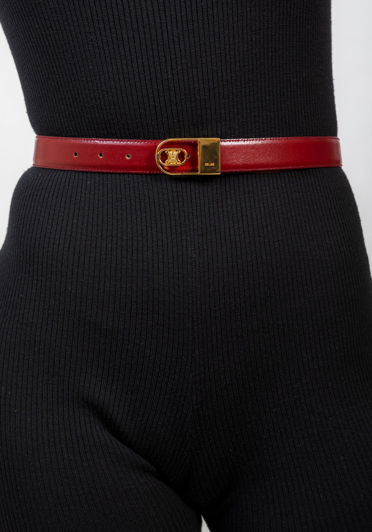 Vintage Celine red leather Belt and Buckle CELINE Carriage-Stud Slim Leather Belt - Burgundy/ Gold - Sz  main image 2