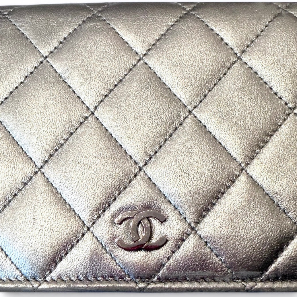 Chanel Gunmetal Metallic Quilted Long Wallet
