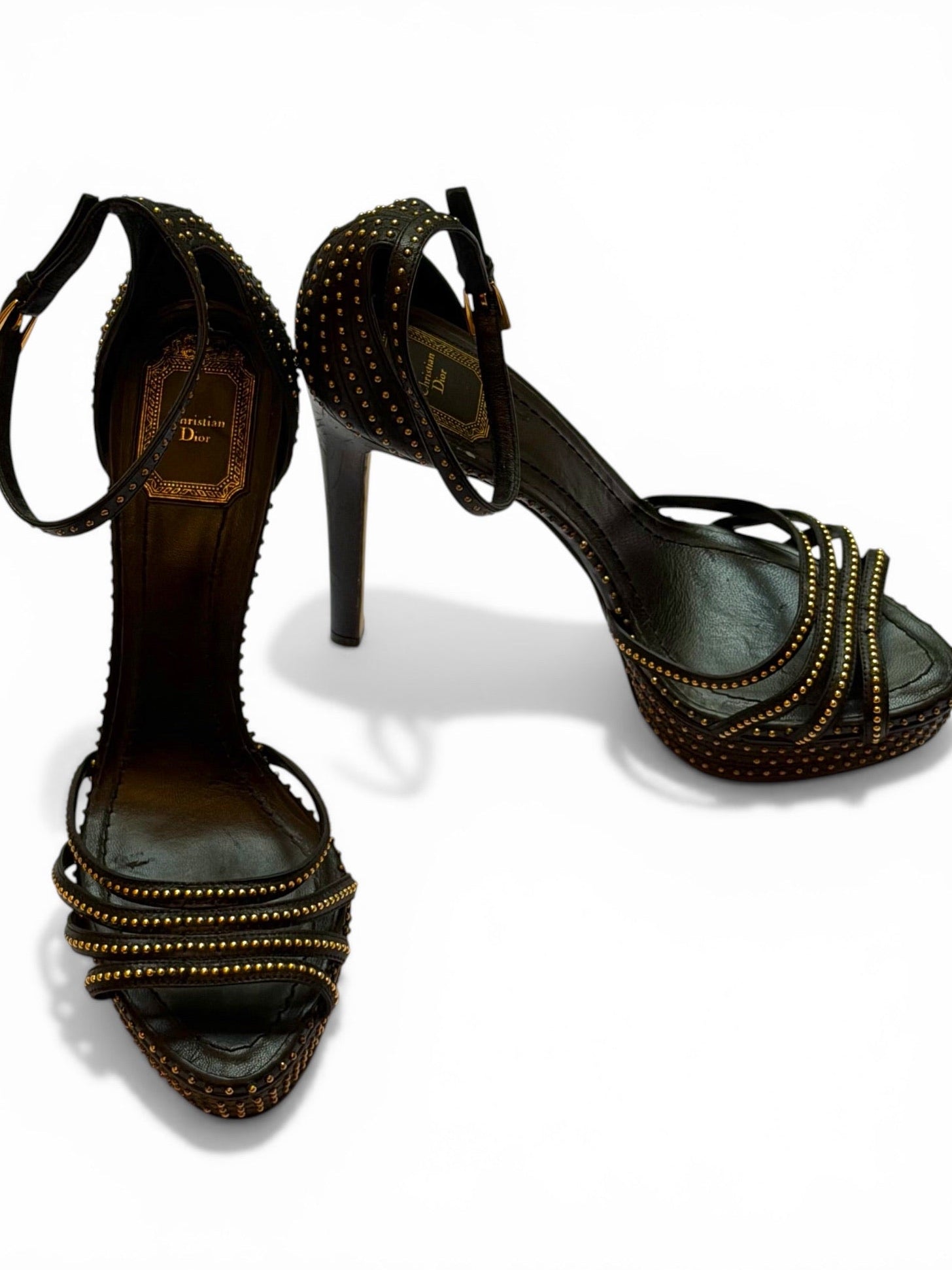 Vintage Christian Dior Black Leather Gold Studded Strappy Platform Sandals
