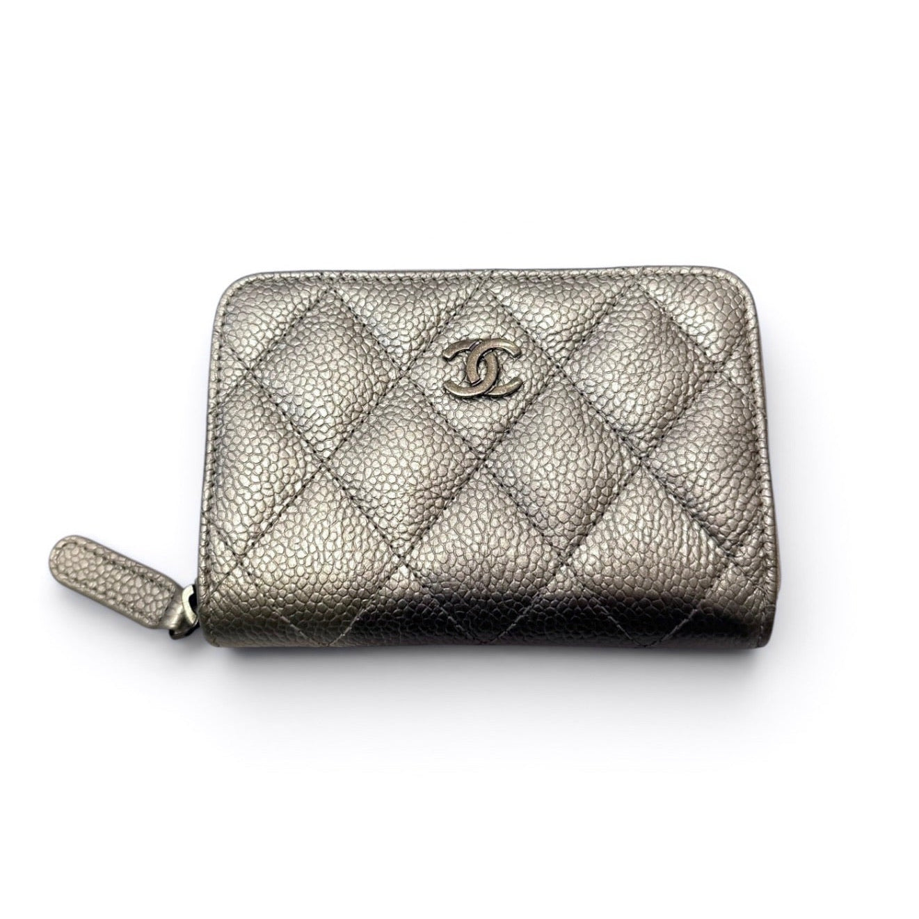 Chanel Silver Metallic Caviar Zip Coin Purse