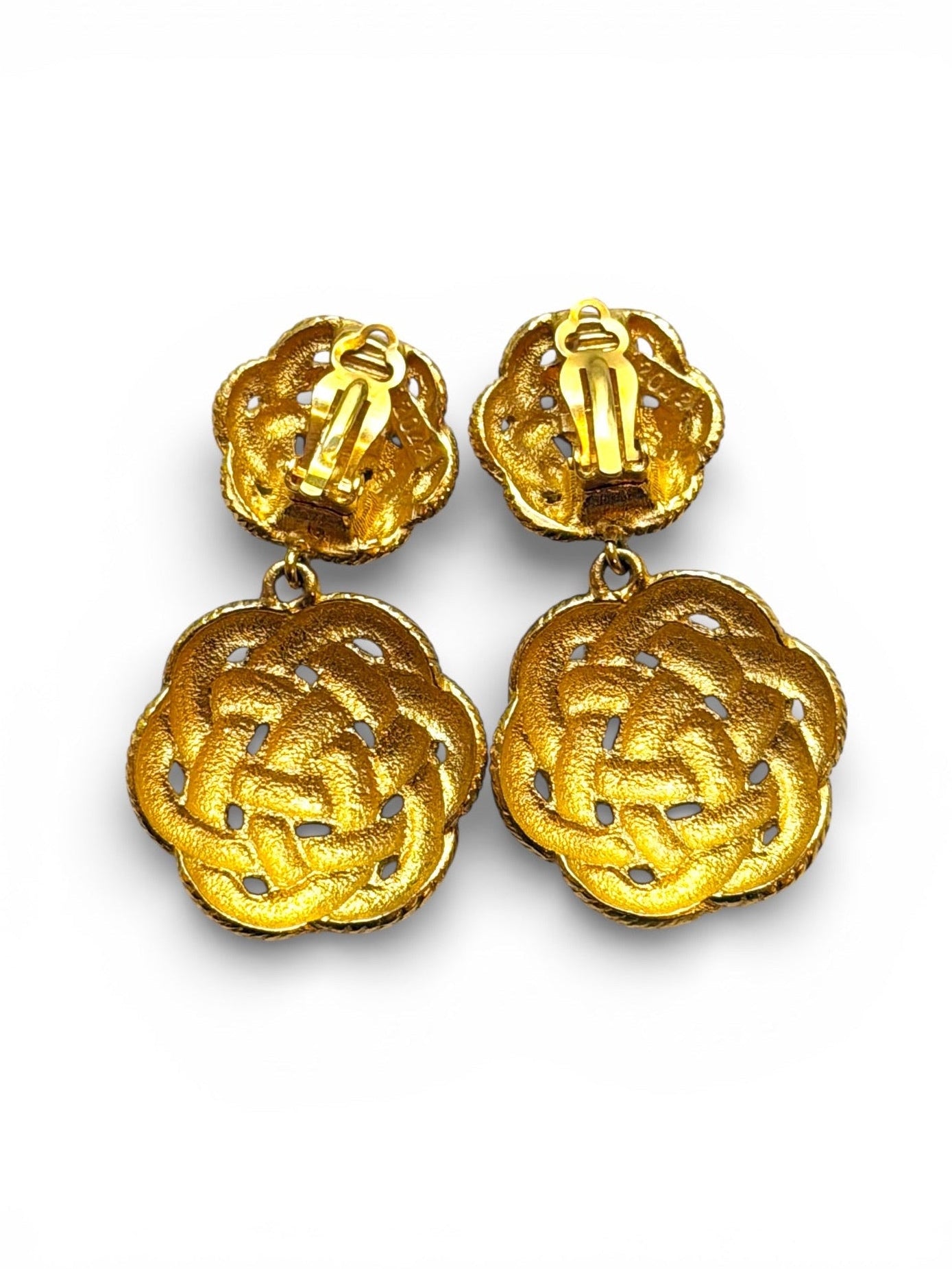 Vintage Emanuel Ungaro Paris Gold-Tone Woven Rope Double Drop Clip Earrings
