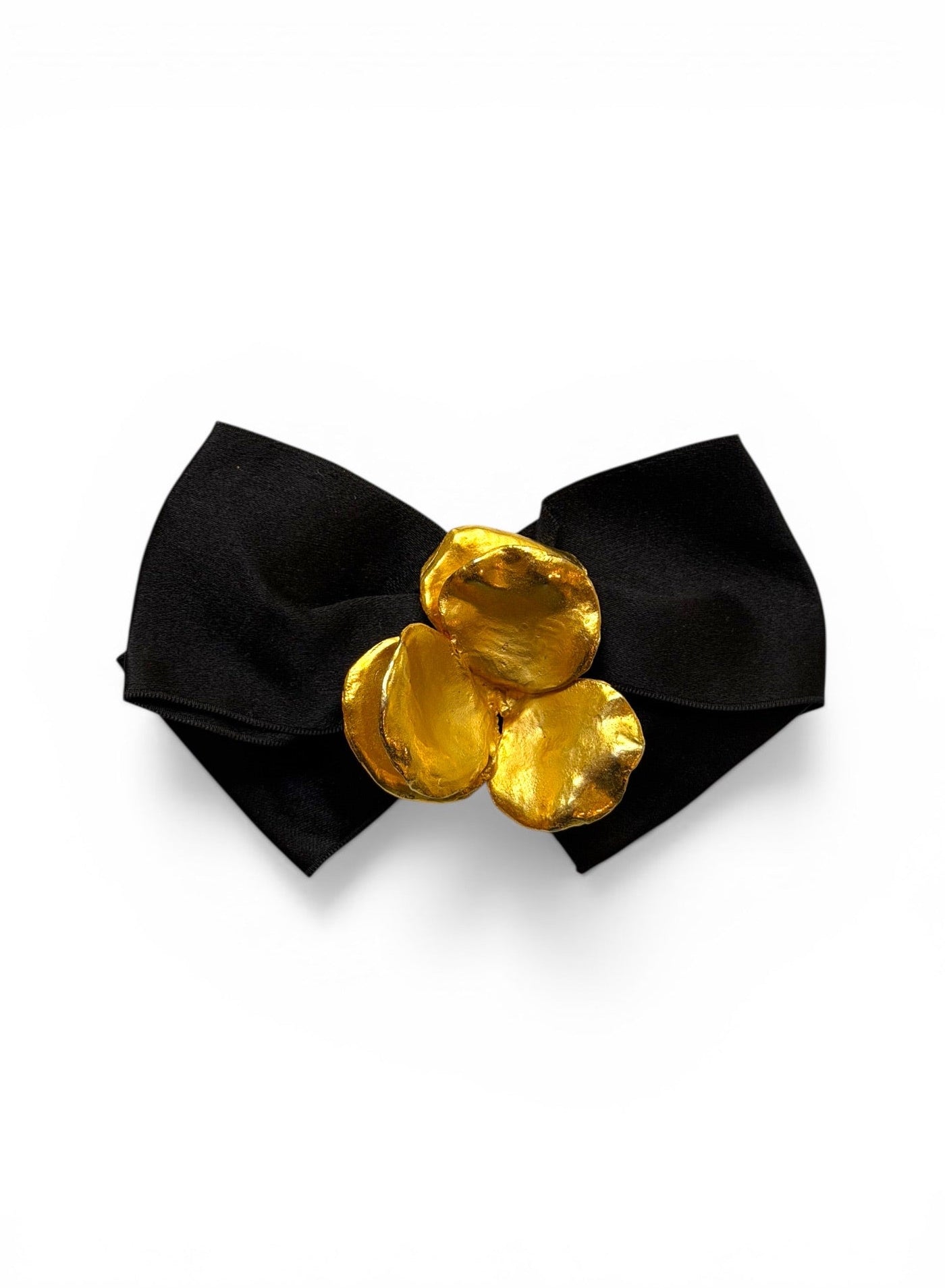 Vintage Lanvin Black Satin Bow Brooch with Gold-Tone Flower