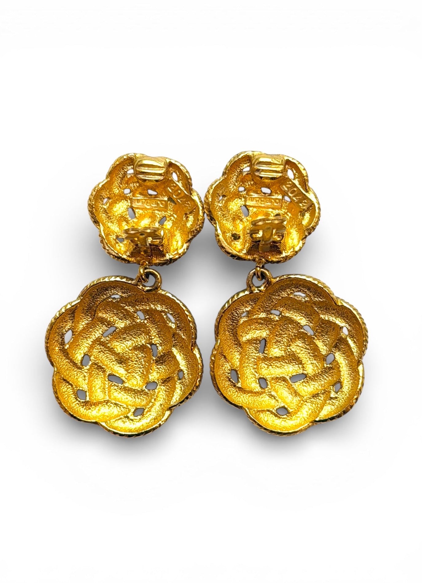Vintage Emanuel Ungaro Paris Gold-Tone Woven Rope Double Drop Clip Earrings