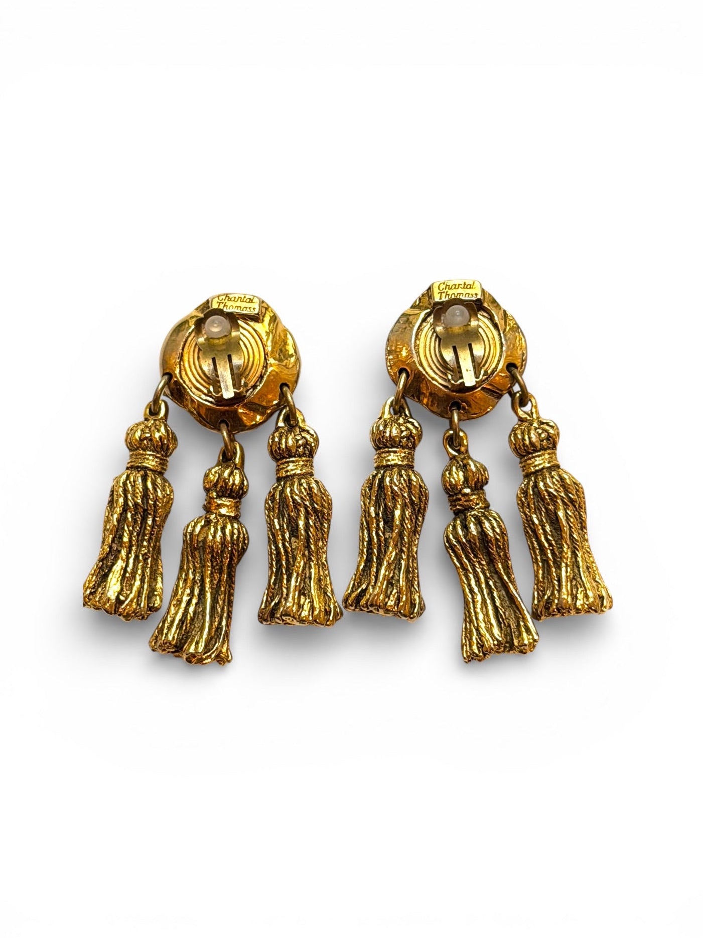 Vintage Chantal Thomass Gold-Tone Rope Knot Triple Tassel Clip Earrings