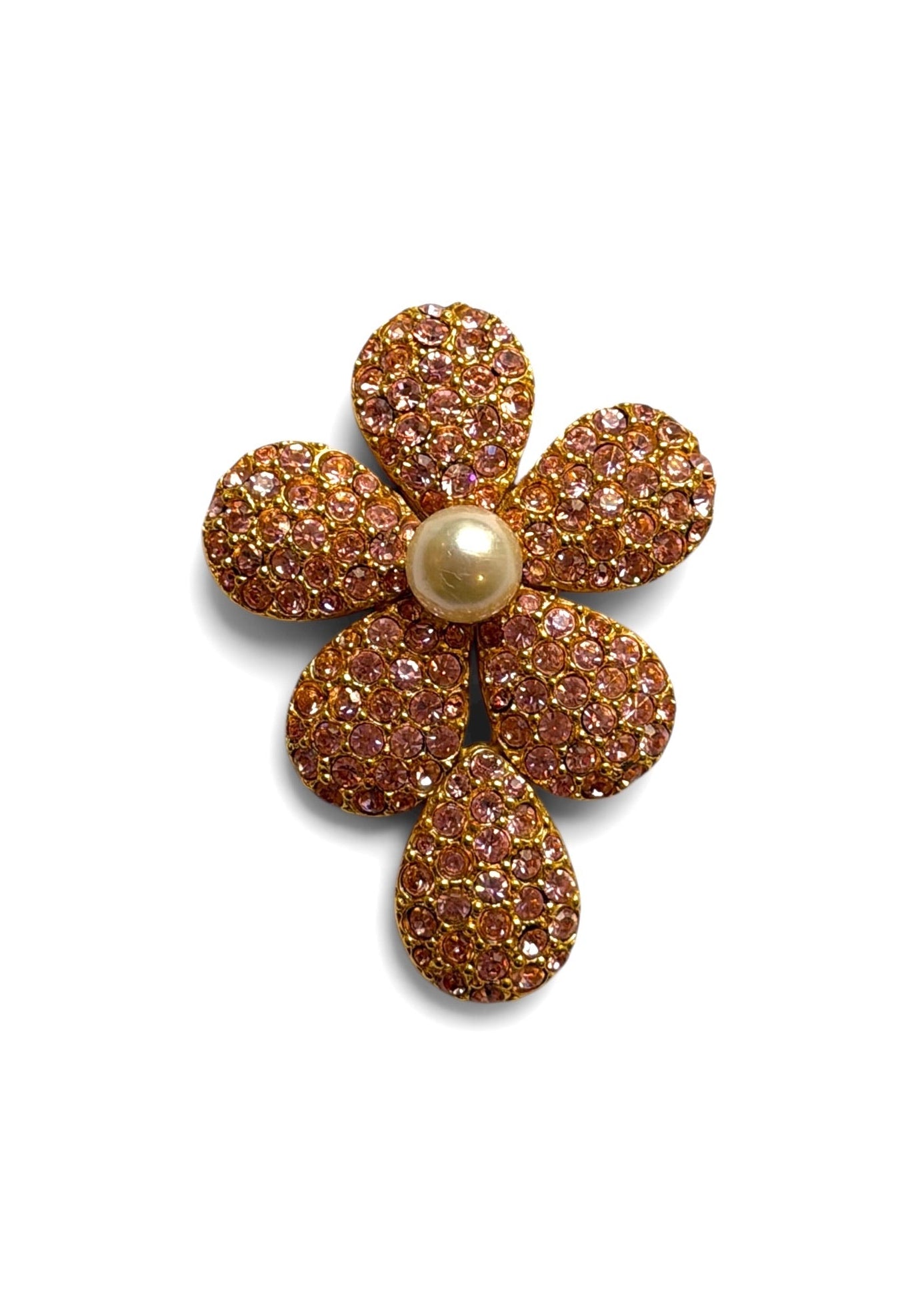 Vintage Yves Saint Laurent Pink Pavé Crystal Flower & Pearl Brooch