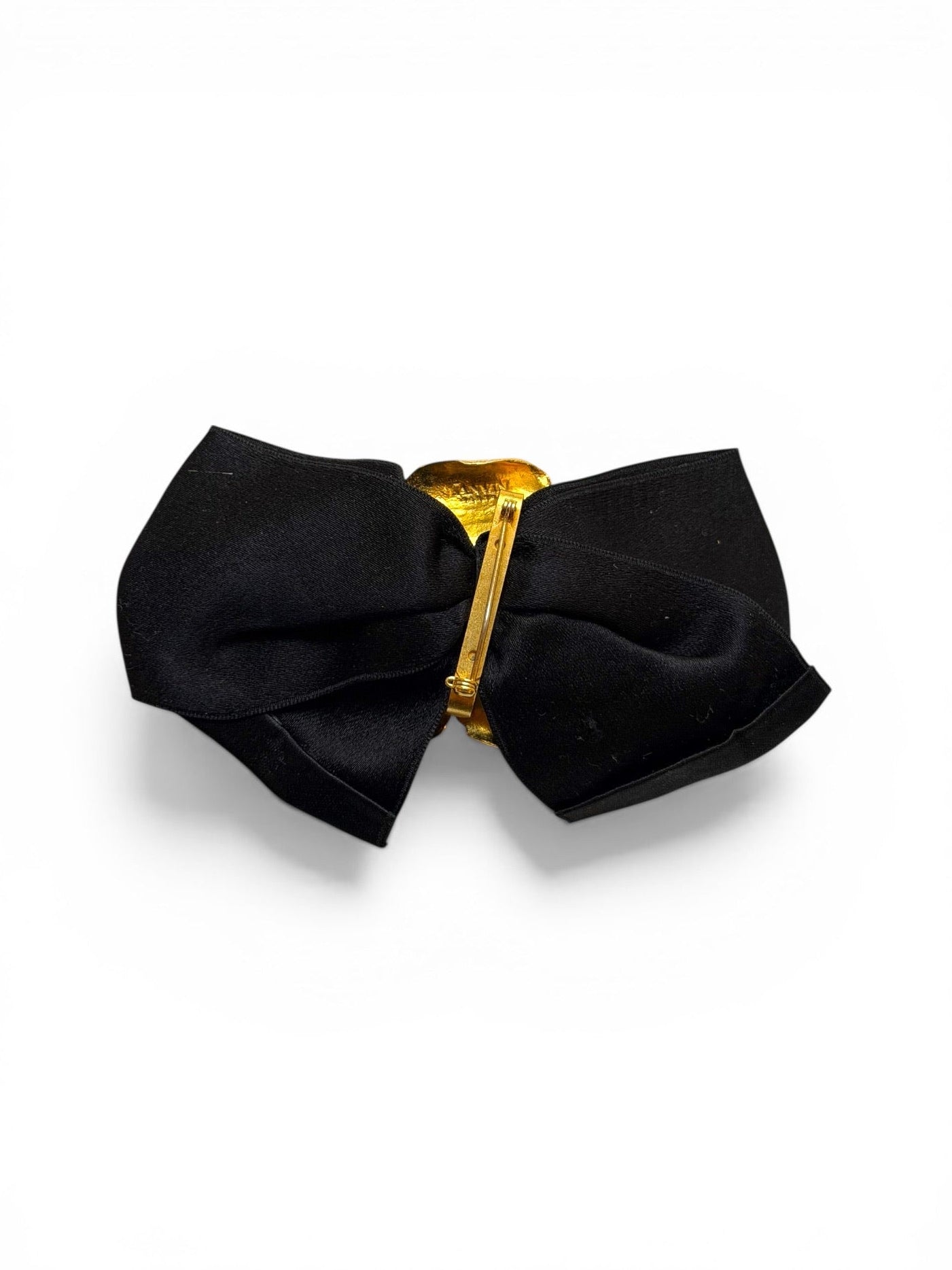 Vintage Lanvin Black Satin Bow Brooch with Gold-Tone Flower