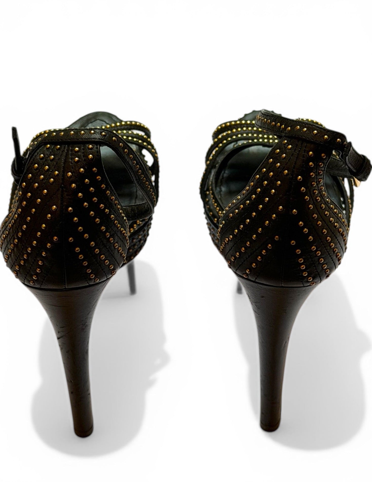 Vintage Christian Dior Black Leather Gold Studded Strappy Platform Sandals