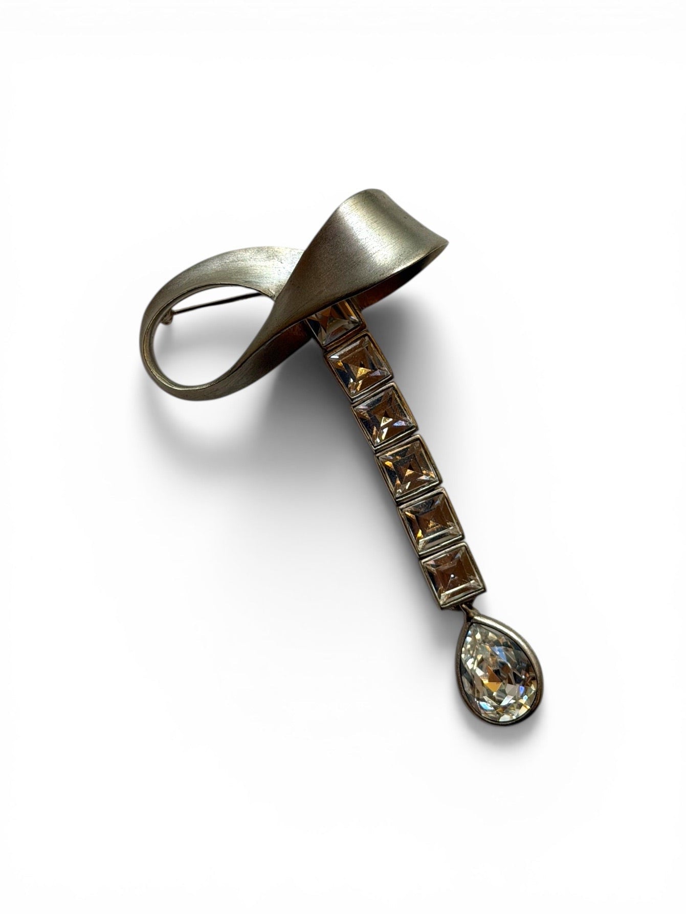 Vintage Thierry Mugler Silver-Tone Ribbon Brooch with Champagne Crystal Drop