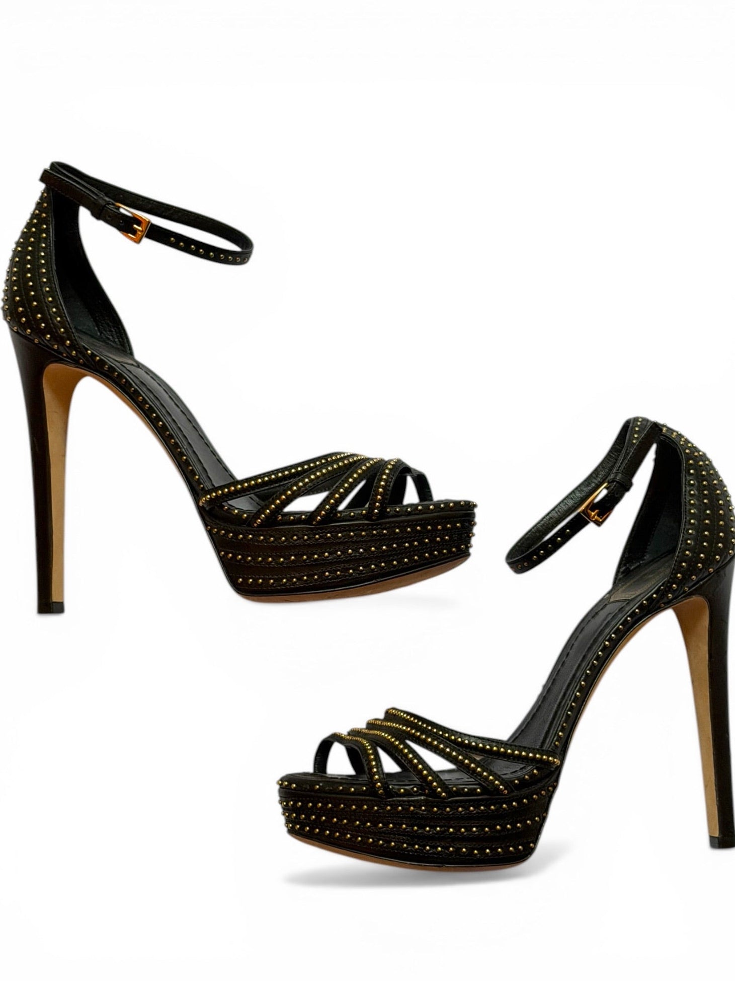 Vintage Christian Dior Black Leather Gold Studded Strappy Platform Sandals