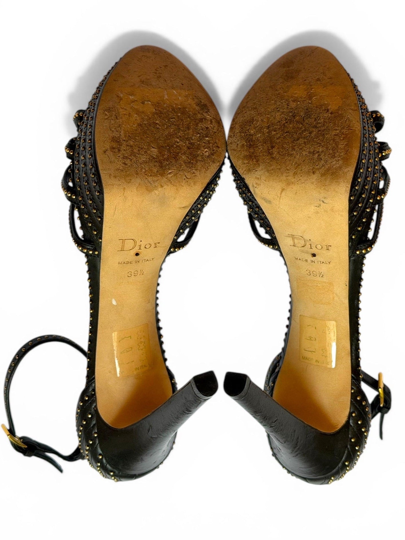 Vintage Christian Dior Black Leather Gold Studded Strappy Platform Sandals