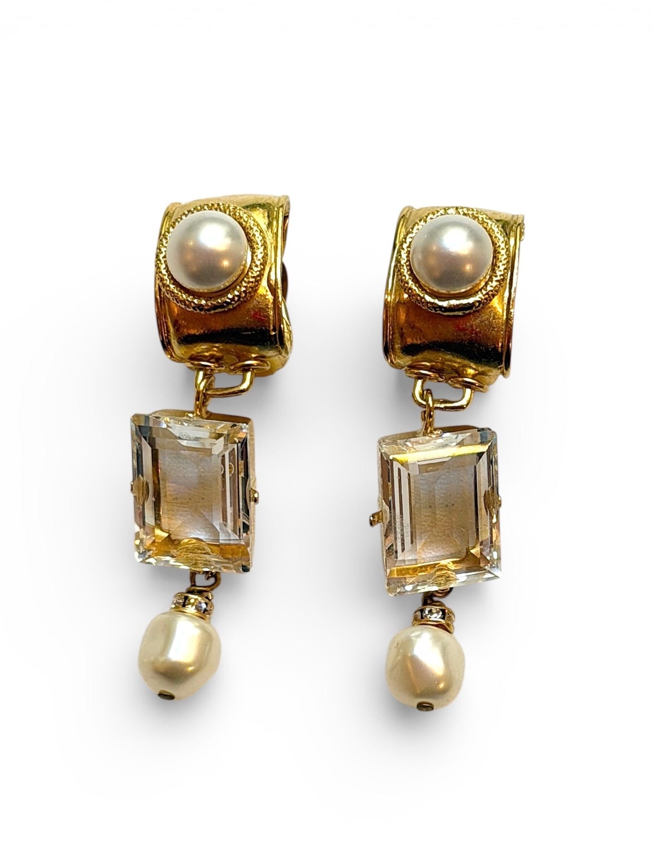 Vintage Gold-tone Pearl & Crystal Drop Clip Earrings