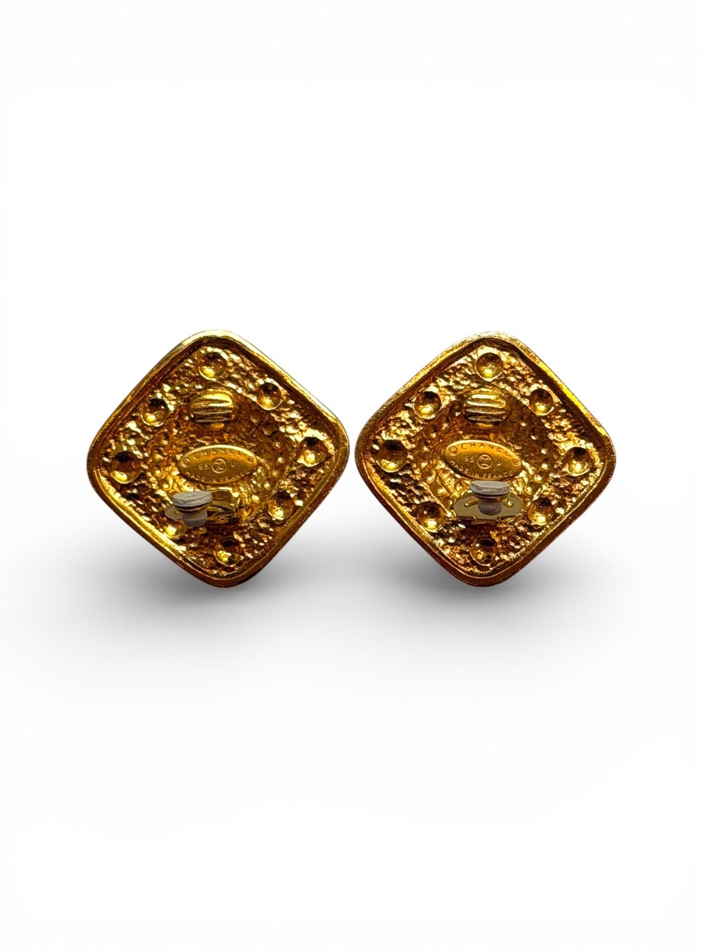 Vintage Chanel CC Hammered Gold Square Clip Earrings