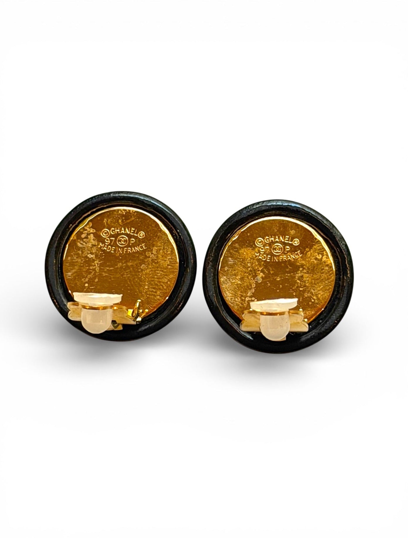 Vintage Chanel 97P Black Resin CC Flower Dome Clip Earrings