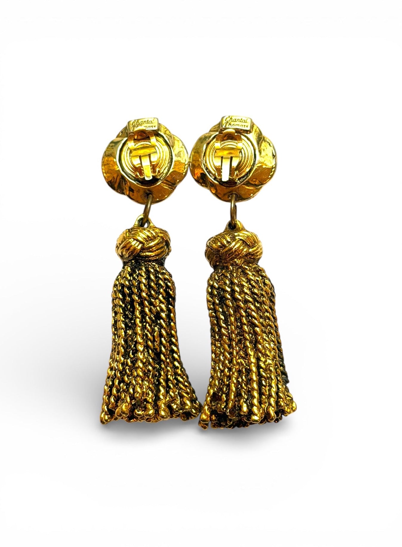 Vintage Chantal Thomass Gold-Tone Rope Knot Tassel Clip Earrings