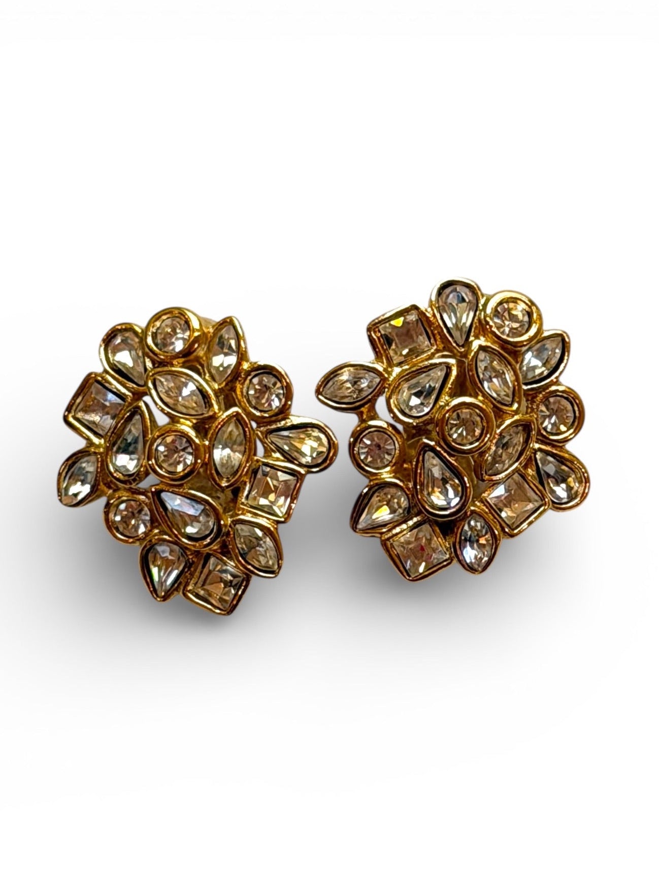 Vintage Yves Saint Laurent Gold Pavé Multi-Cut Crystal Cluster Clip-On Earrings