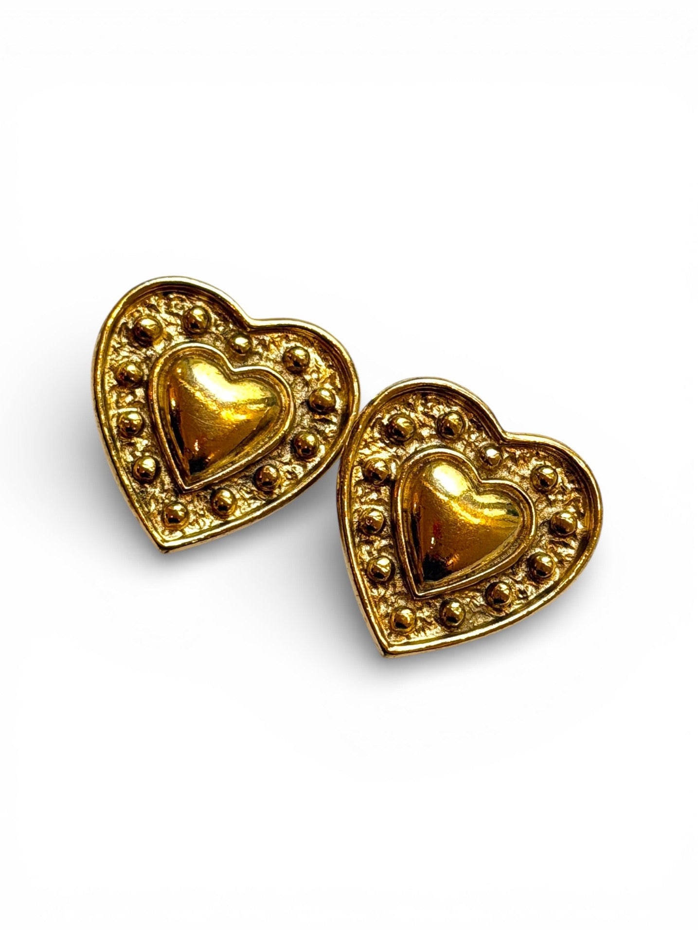 Vintage Yves Saint Laurent Gold-Tone Double Heart Studded Clip Earrings
