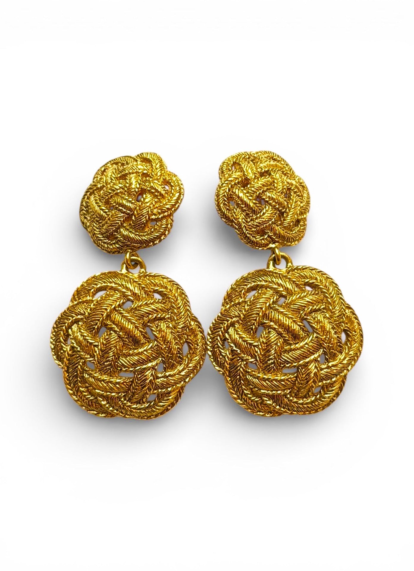 Vintage Emanuel Ungaro Paris Gold-Tone Woven Rope Double Drop Clip Earrings