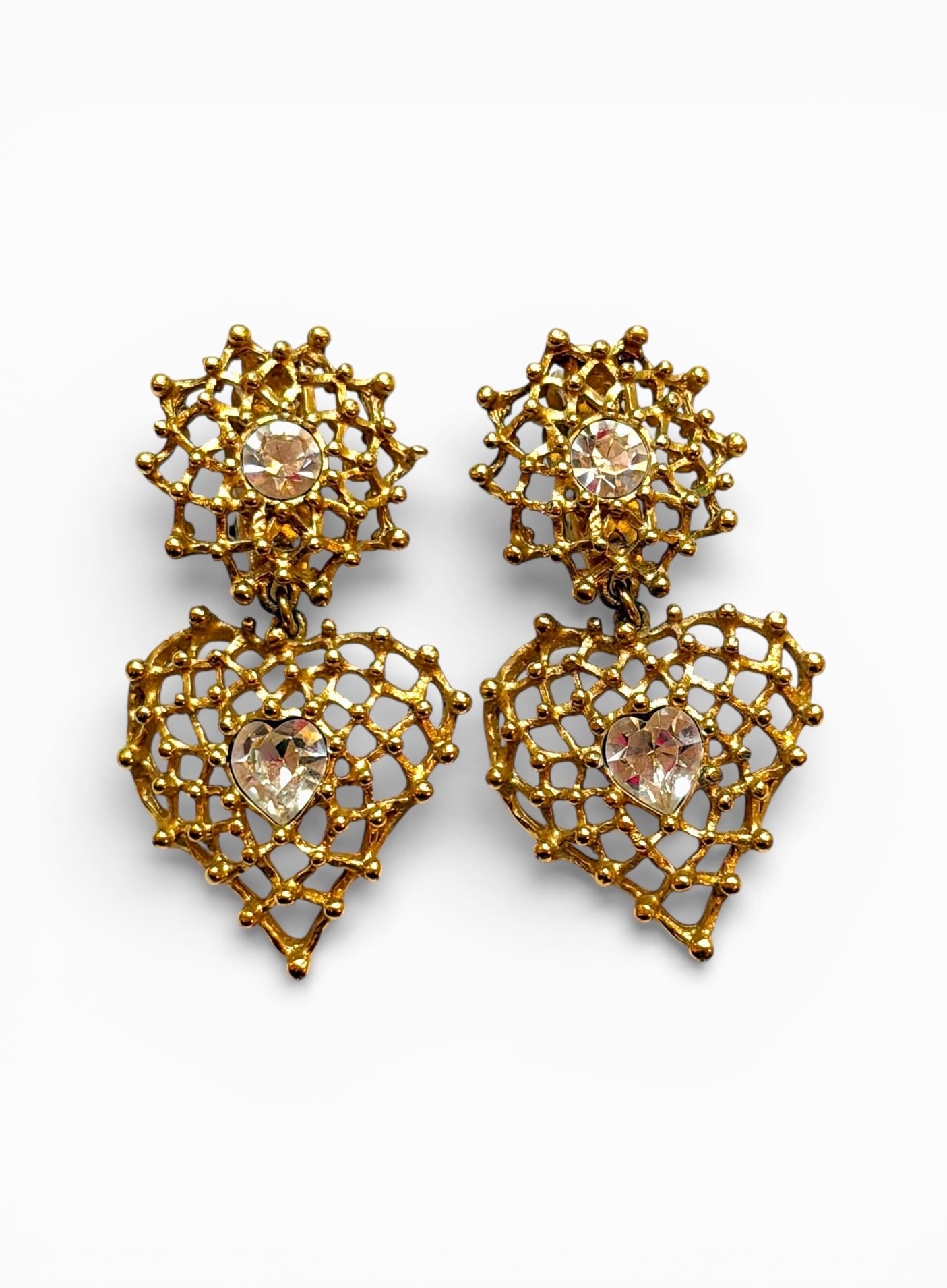 Vintage Yves Saint Laurent Gold-Tone Openwork Heart Crystal Drop Clip Earrings