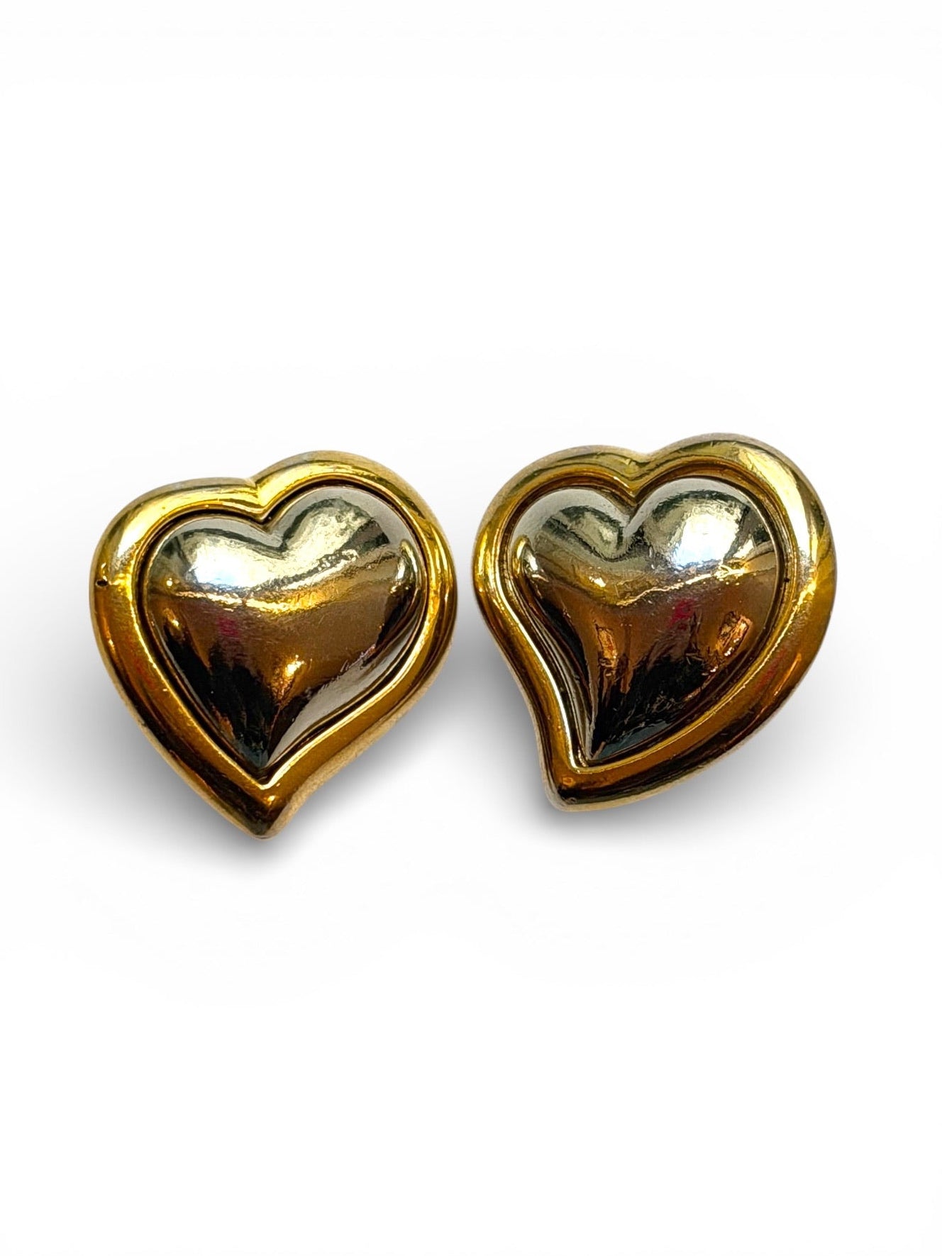 Vintage Yves Saint Laurent Gold & Silver-Tone Double Heart Clip-On Earrings