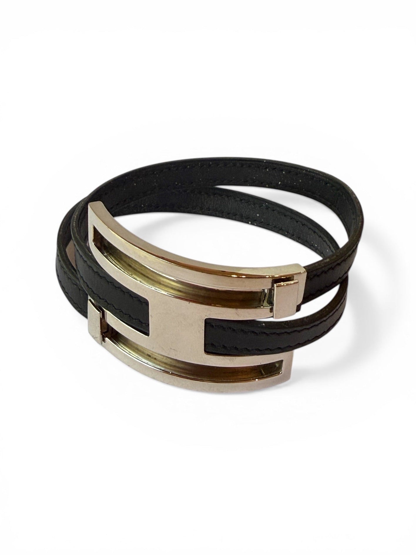 Vintage Hermès Rivale Double Tour Black Leather Bracelet