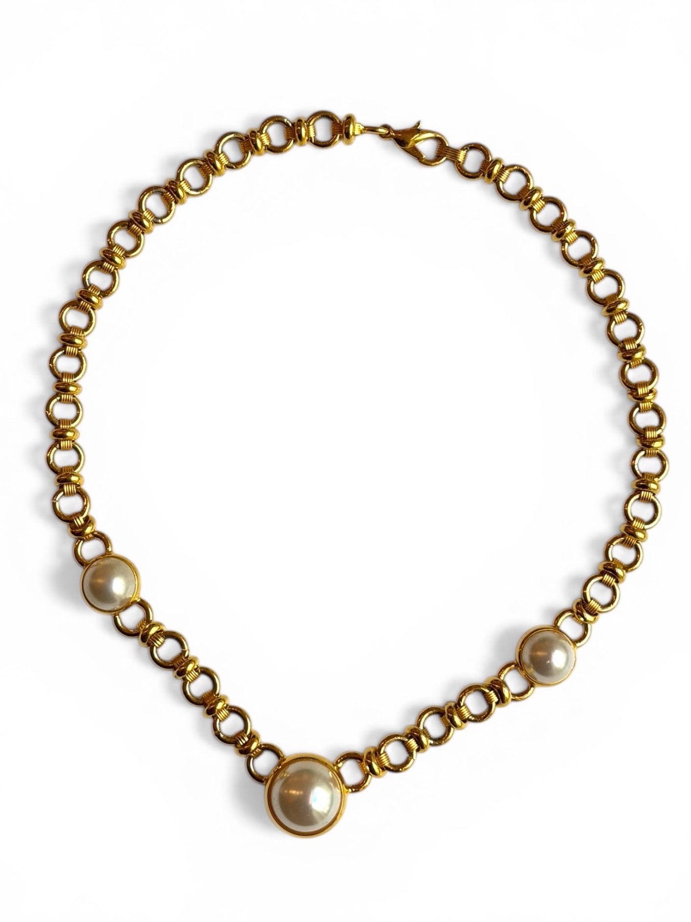 Vintage Pierre Cardin Gold-Tone Triple Faux Pearl Rolo Chain Necklace