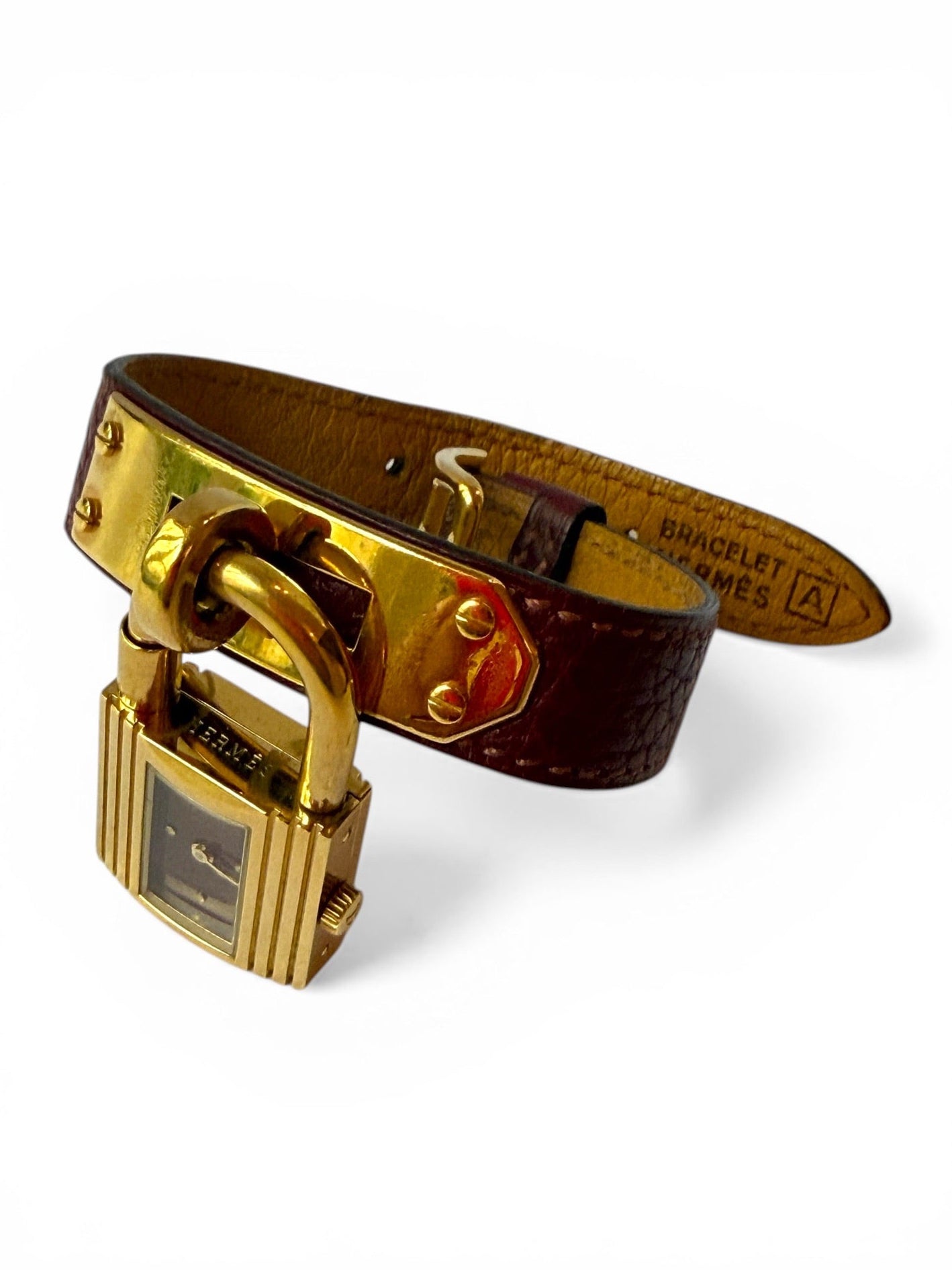 Vintage Hermès Kelly Watch Bordeaux Leather Strap Gold-Tone Padlock