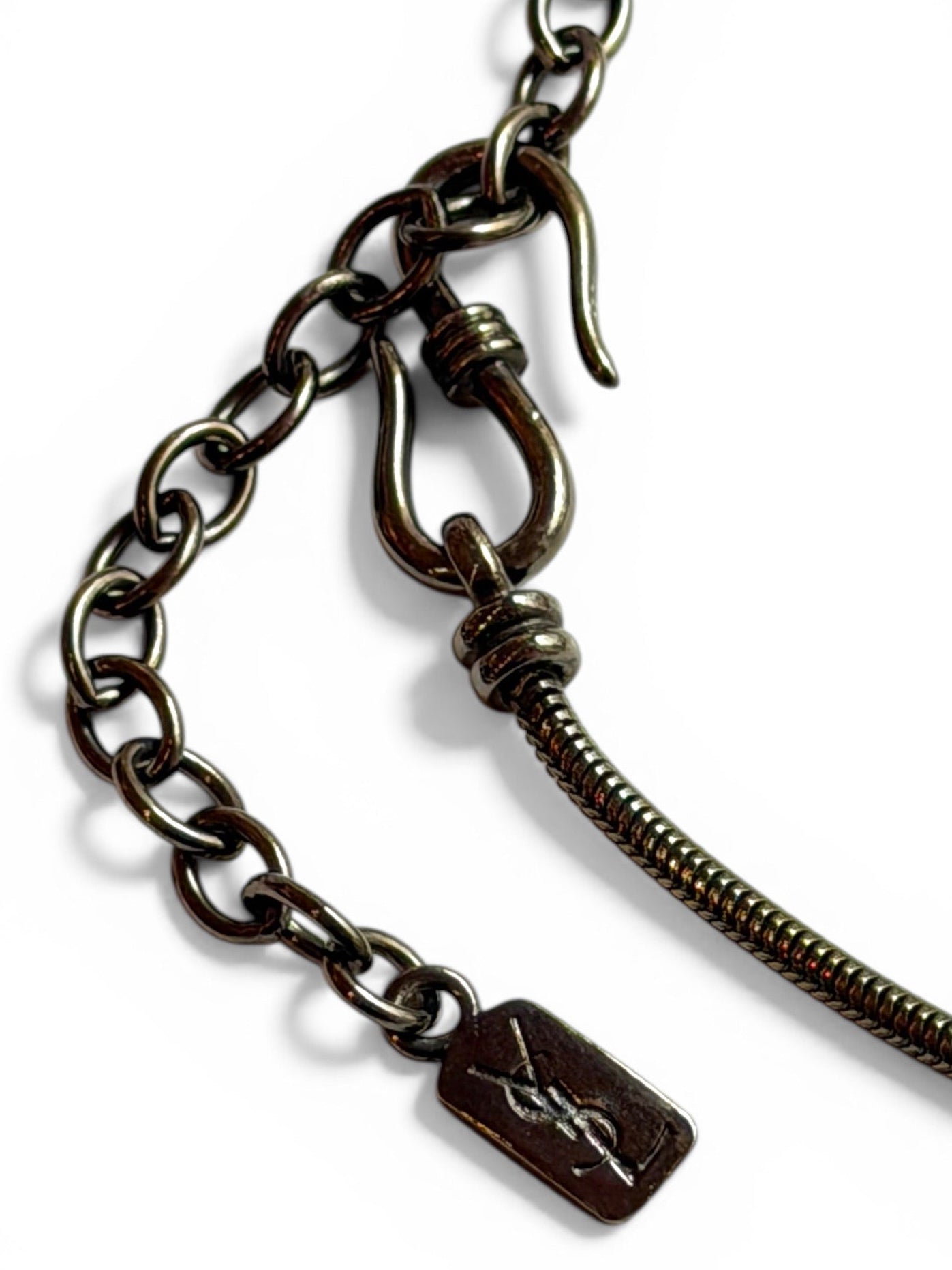 Vintage Yves Saint Laurent Gunmetal Wood & Smoky Crystal Pendant Necklace