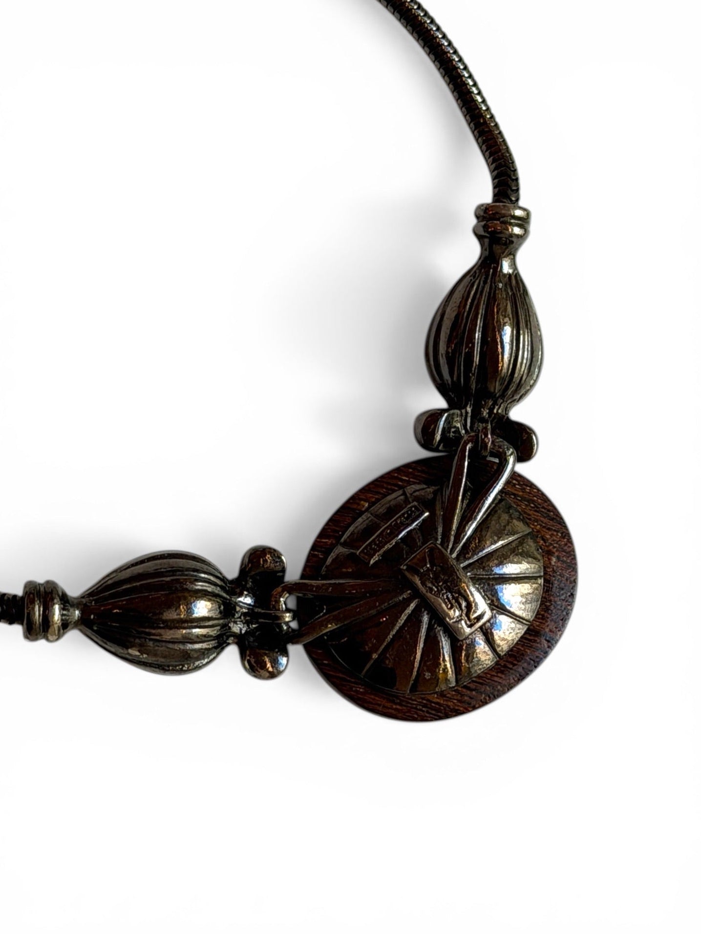 Vintage Yves Saint Laurent Gunmetal Wood & Smoky Crystal Pendant Necklace