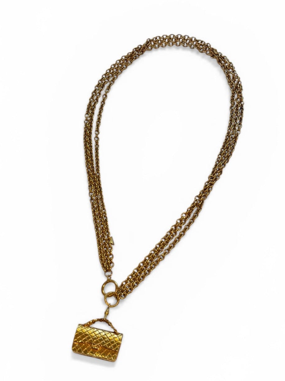Vintage Chanel Gold-Tone Multi-Chain Necklace/Belt with Quilted Flap Bag Charm