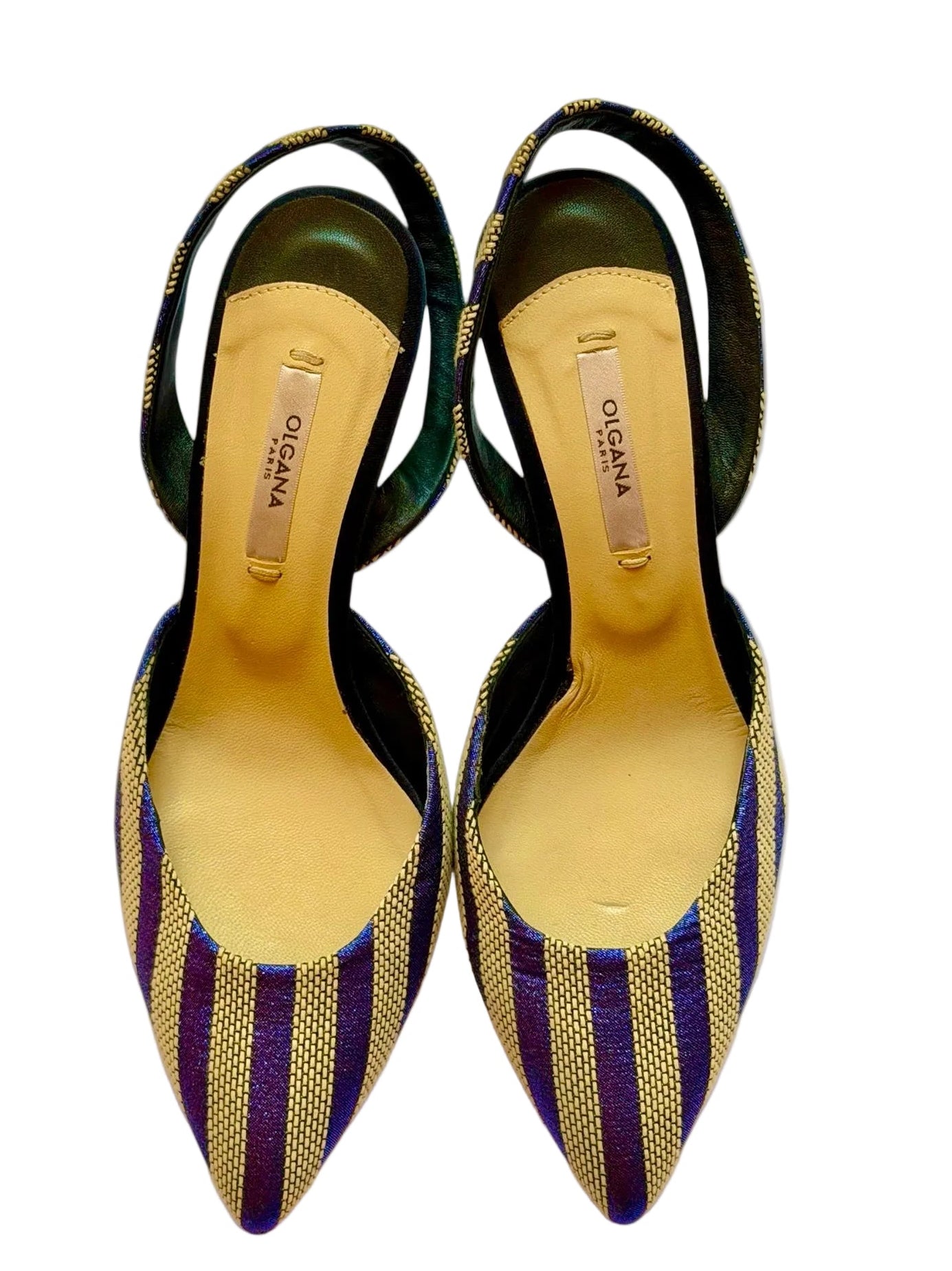 Vintage Olgana Paris Gold & Blue Lurex Striped Slingback Heels