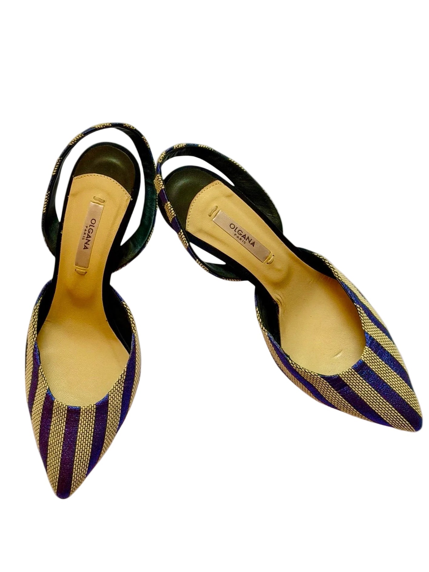 Vintage Olgana Paris Gold & Blue Lurex Striped Slingback Heels