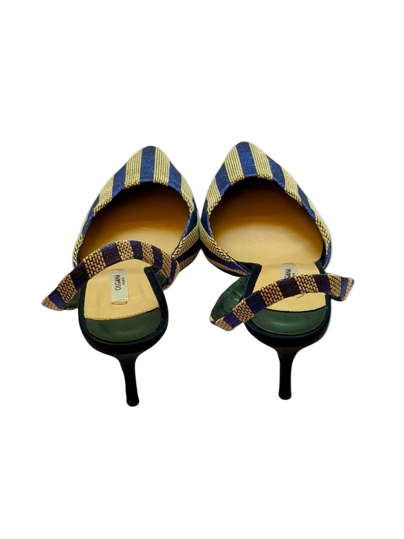 Vintage Olgana Paris Gold & Blue Lurex Striped Slingback Heels