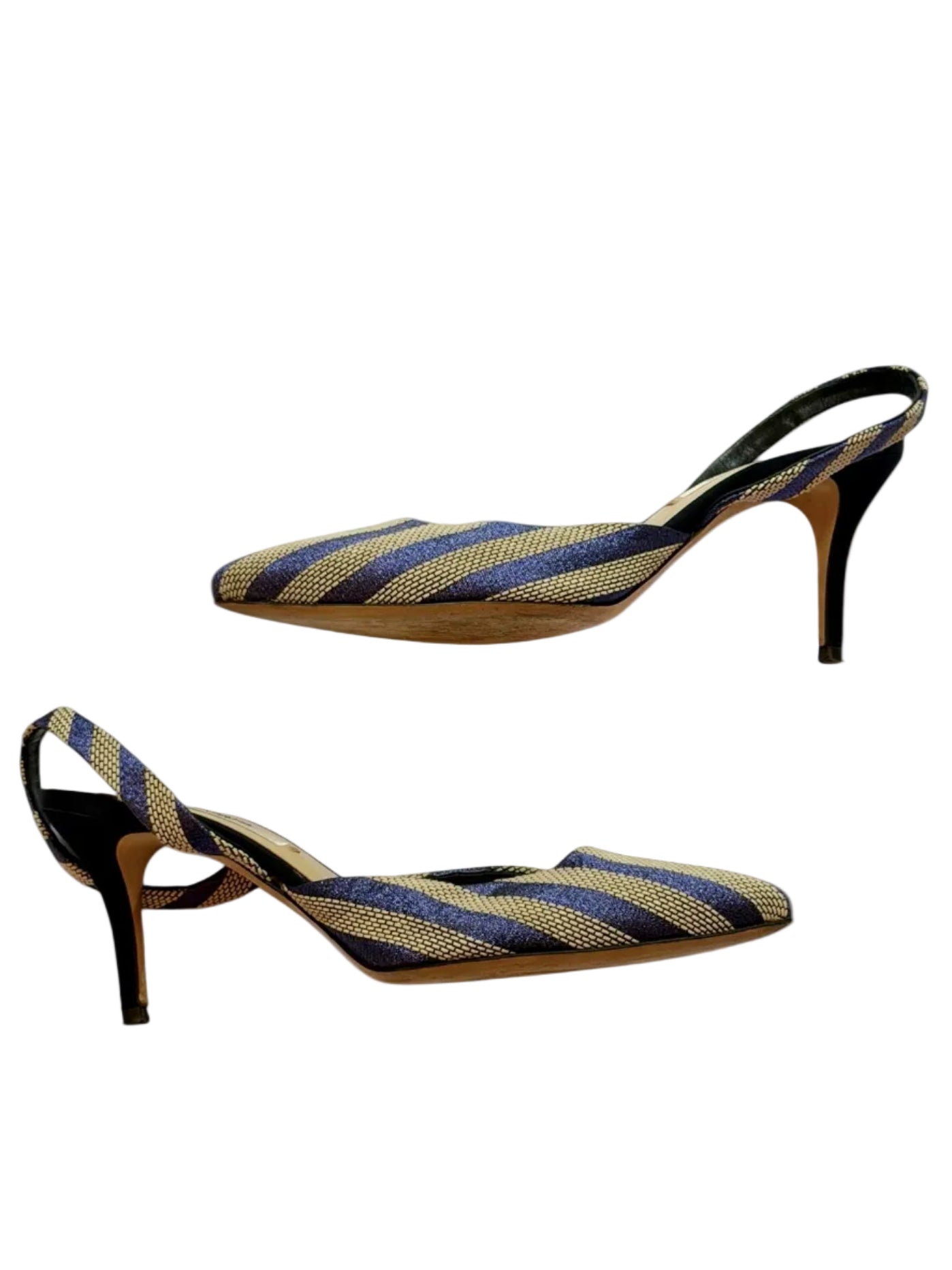 Vintage Olgana Paris Gold & Blue Lurex Striped Slingback Heels