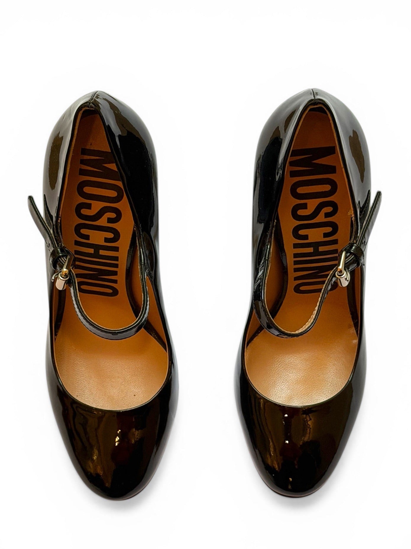 Vintage Moschino Black Patent Leather Mary Jane Heels with Salt & Pepper Shaker Heels