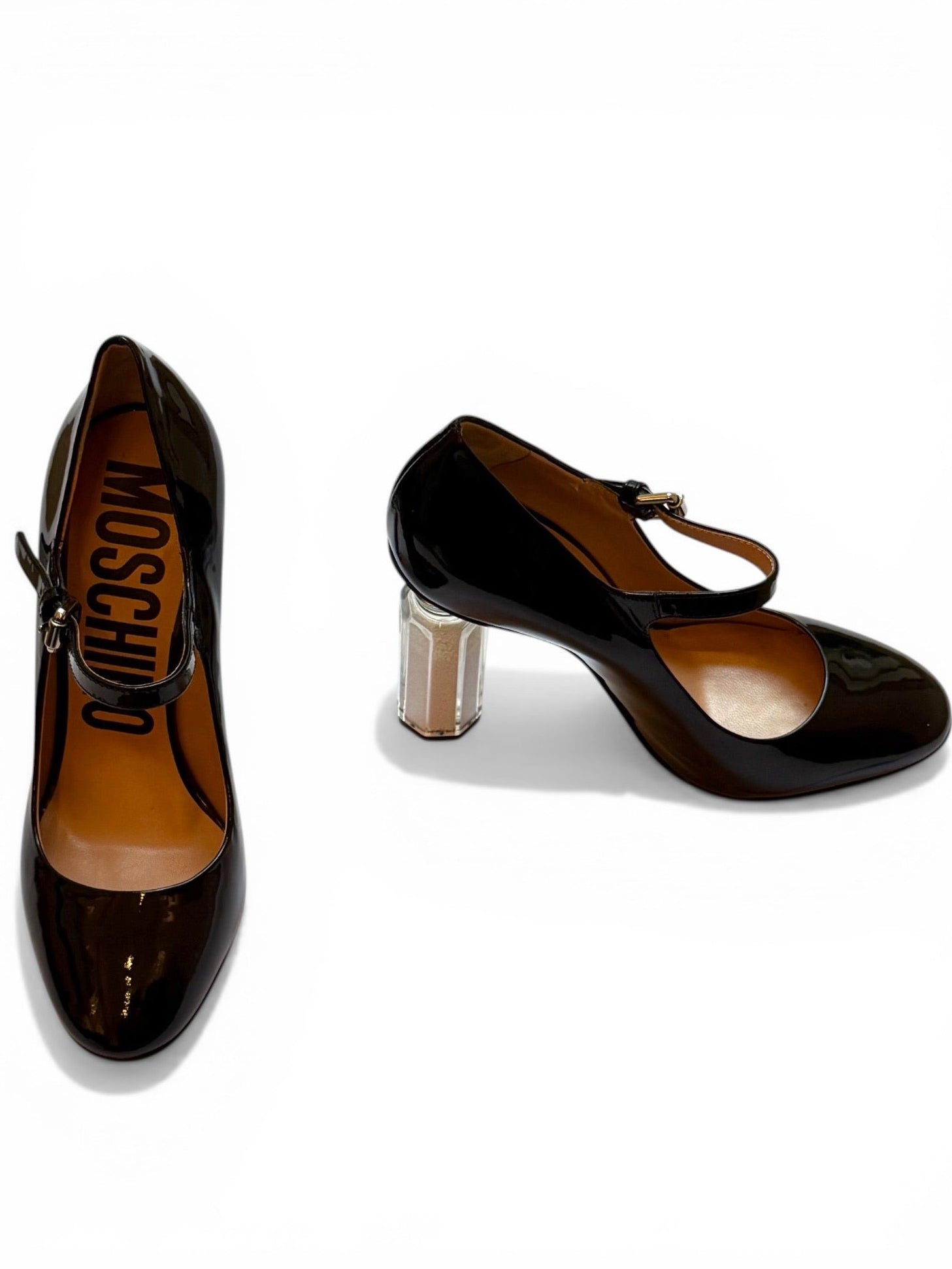 Vintage Moschino Black Patent Leather Mary Jane Heels with Salt & Pepper Shaker Heels