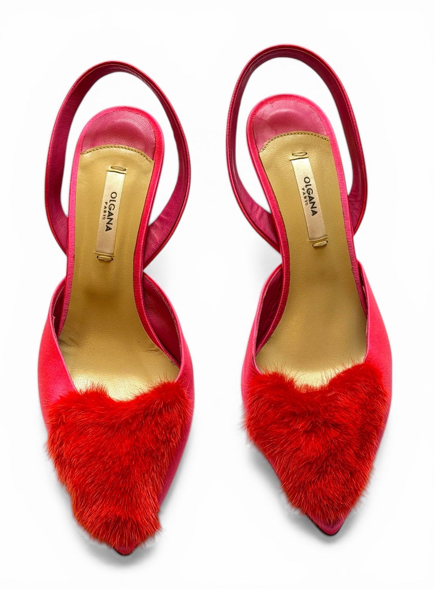 Olgana Paris Pink Satin & Red Fur Heart Pointed-Toe Slingback Heels