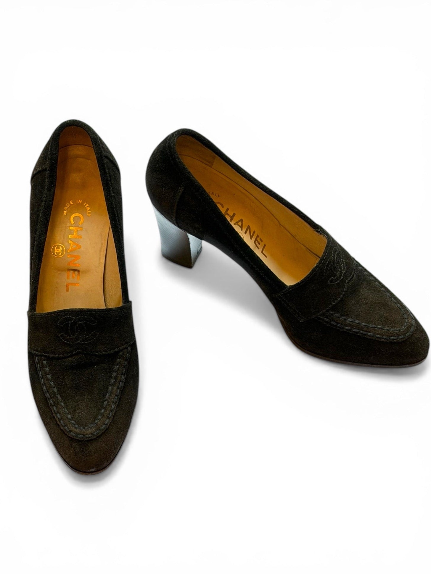 Vintage Chanel Black Suede CC Logo Block Heel Loafer Pumps