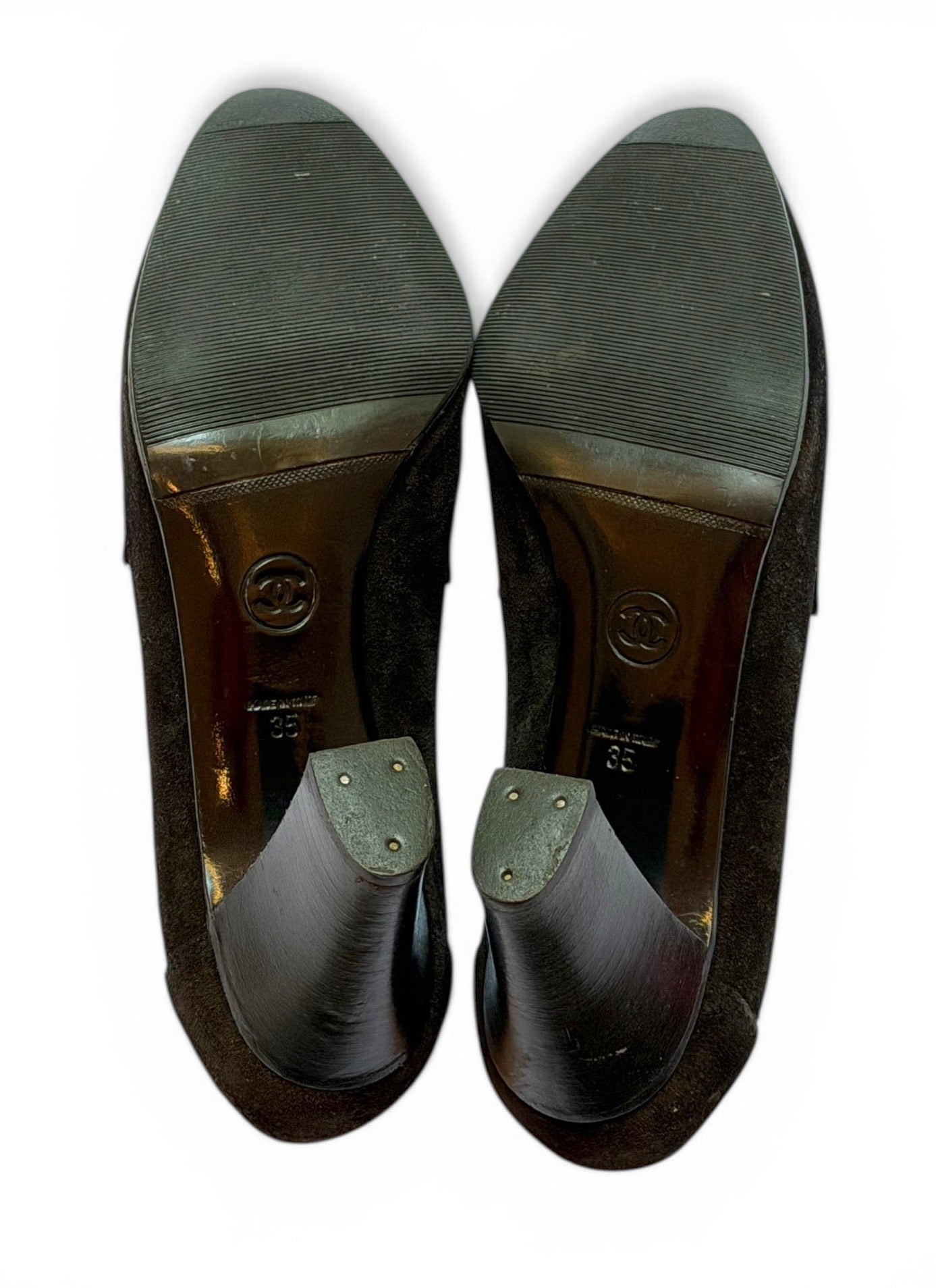 Vintage Chanel Black Suede CC Logo Block Heel Loafer Pumps