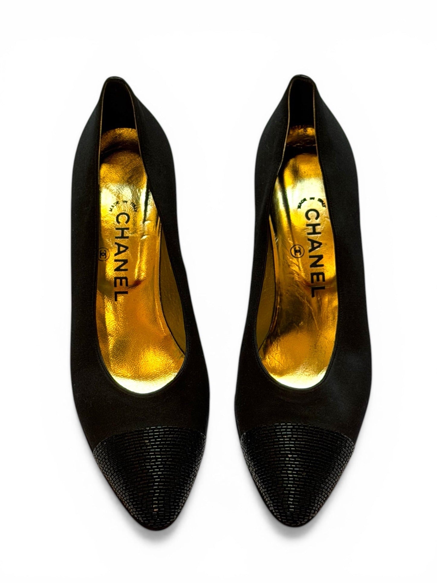 Vintage Chanel Black Satin Lizard Cap-Toe Kitten Heel Pumps