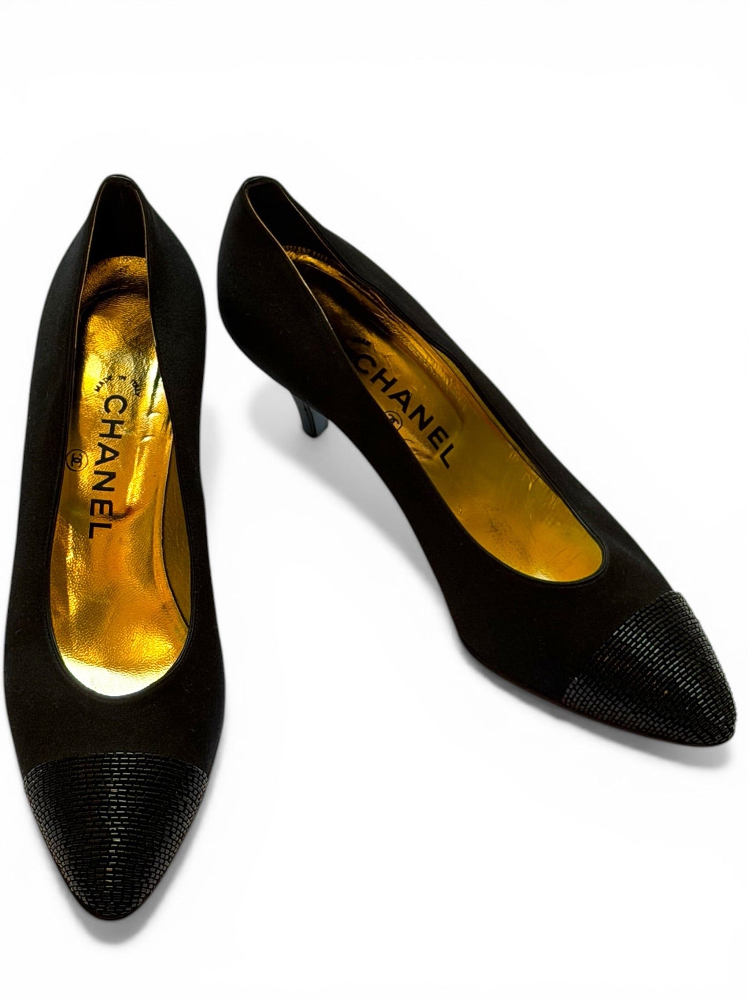 Vintage Chanel Black Satin Lizard Cap-Toe Kitten Heel Pumps