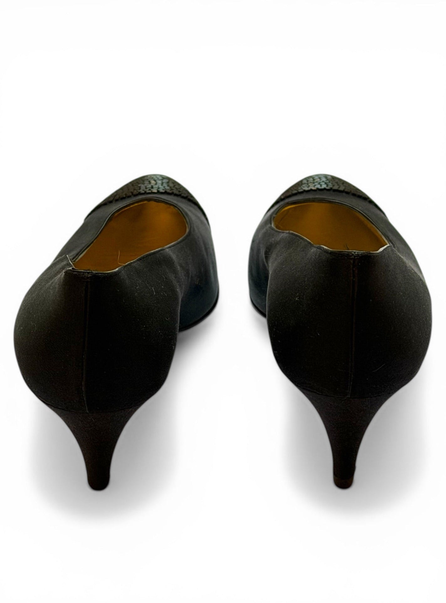 Vintage Chanel Black Satin Lizard Cap-Toe Kitten Heel Pumps