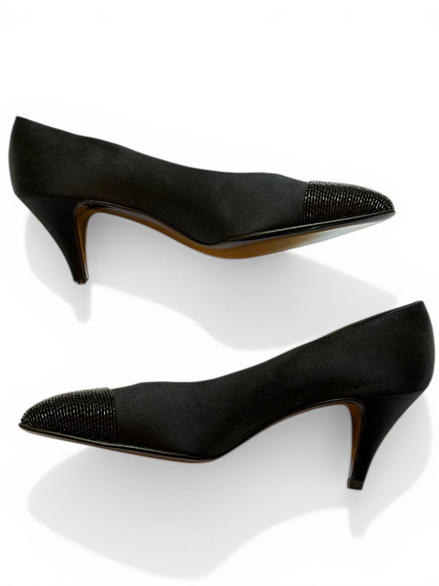 Vintage Chanel Black Satin Lizard Cap-Toe Kitten Heel Pumps