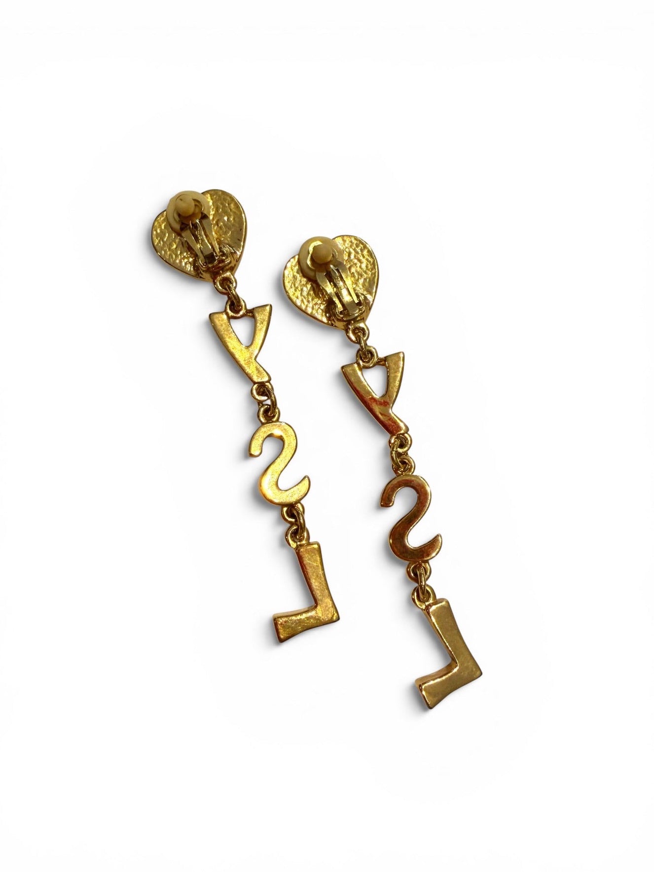 Vintage Yves Saint Laurent Gold-Tone YSL Letter Drop Clip-On Earrings with Heart Stud