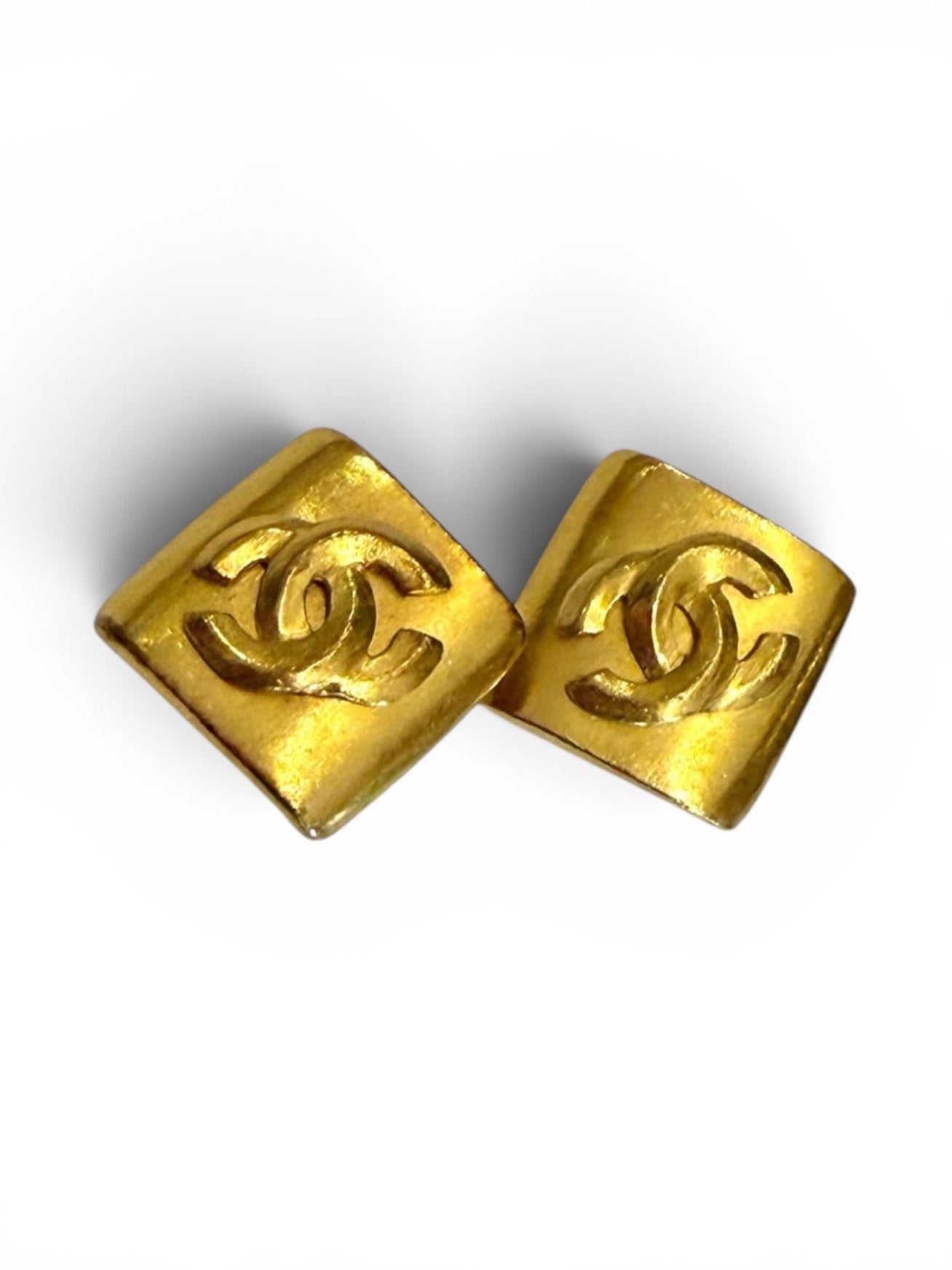 Vintage Chanel Gold-Tone Matte CC Logo Diamond-Shape Clip-On Earrings