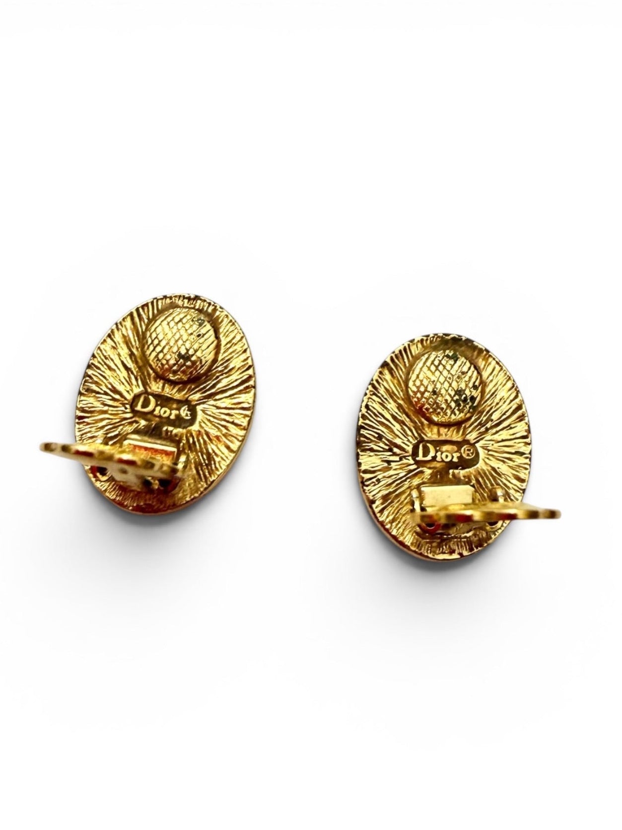 Vintage Christian Dior Gold Oblique Monogram Oval Clip-On Earrings