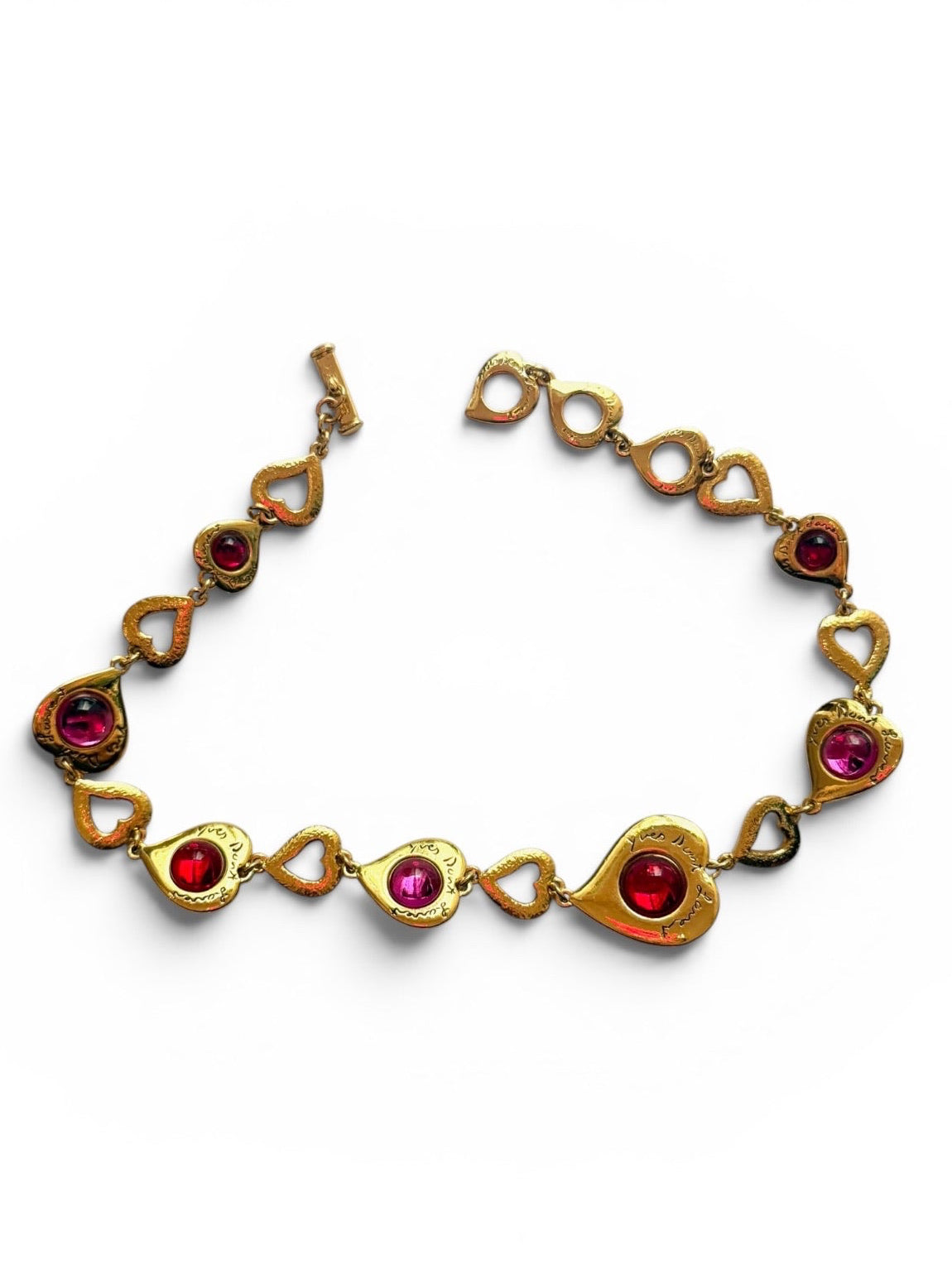 Vintage Yves Saint Laurent Gold-Tone Heart Link Red & Pink Cabochon Necklace