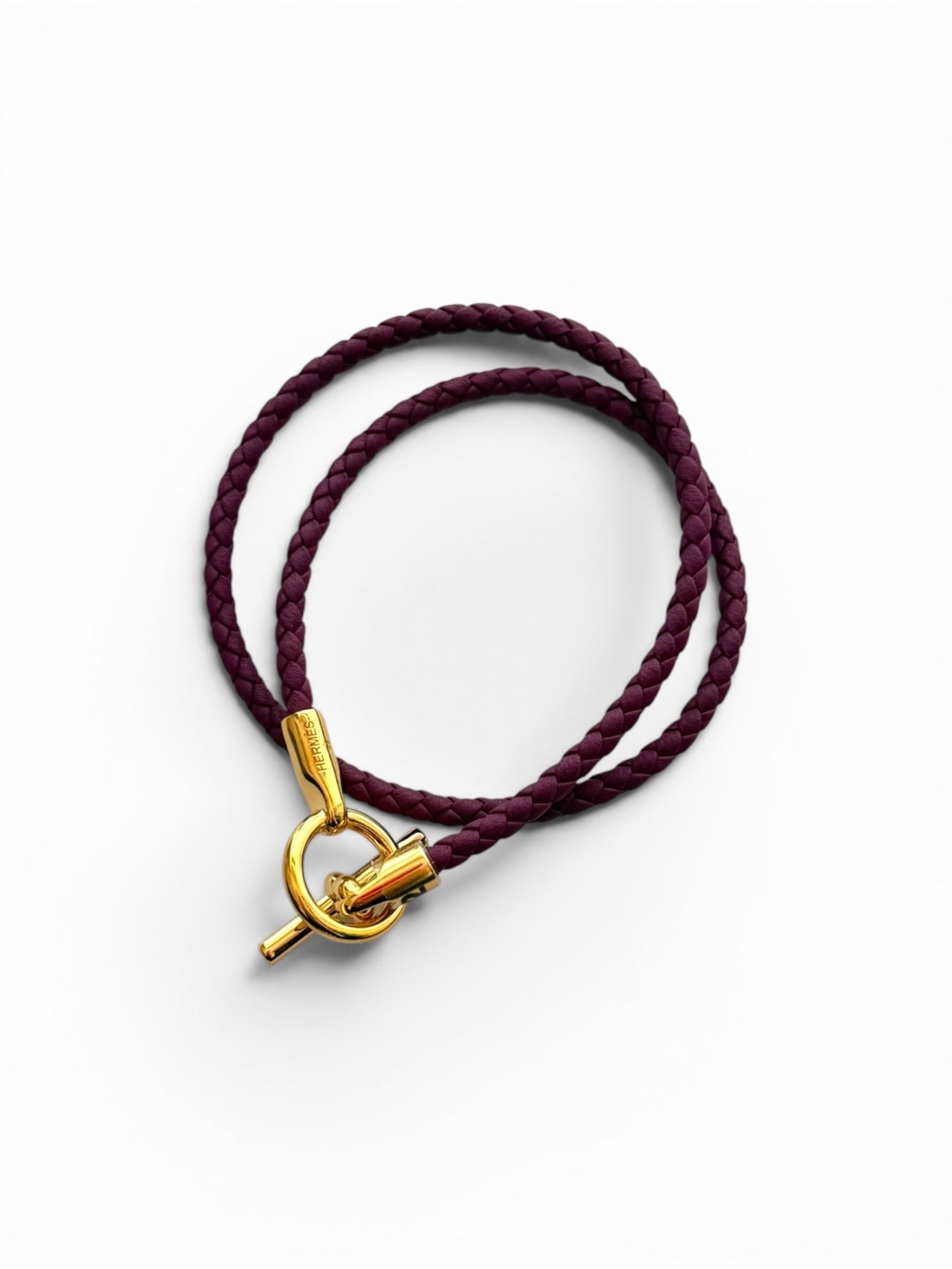 Vintage Hermès Purple Braided Leather Double Wrap Bracelet with Gold-Tone Toggle Clasp