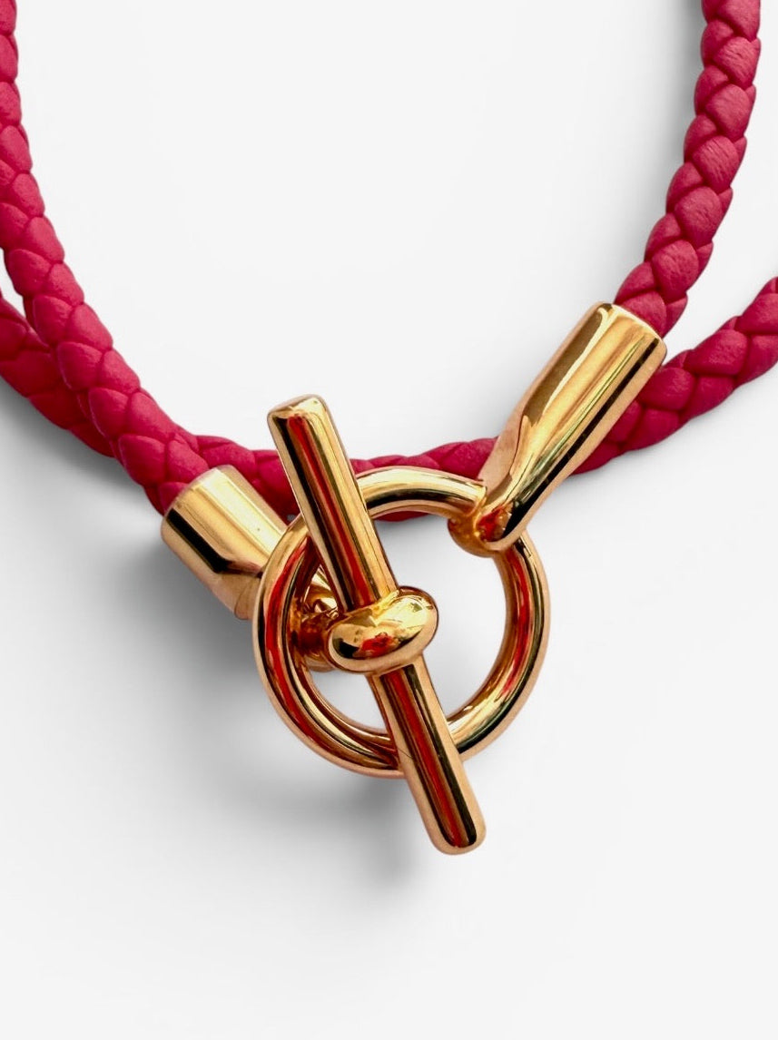 Vintage Hermès Fuchsia Braided Leather Double Wrap Bracelet with Gold-Tone Toggle Clasp