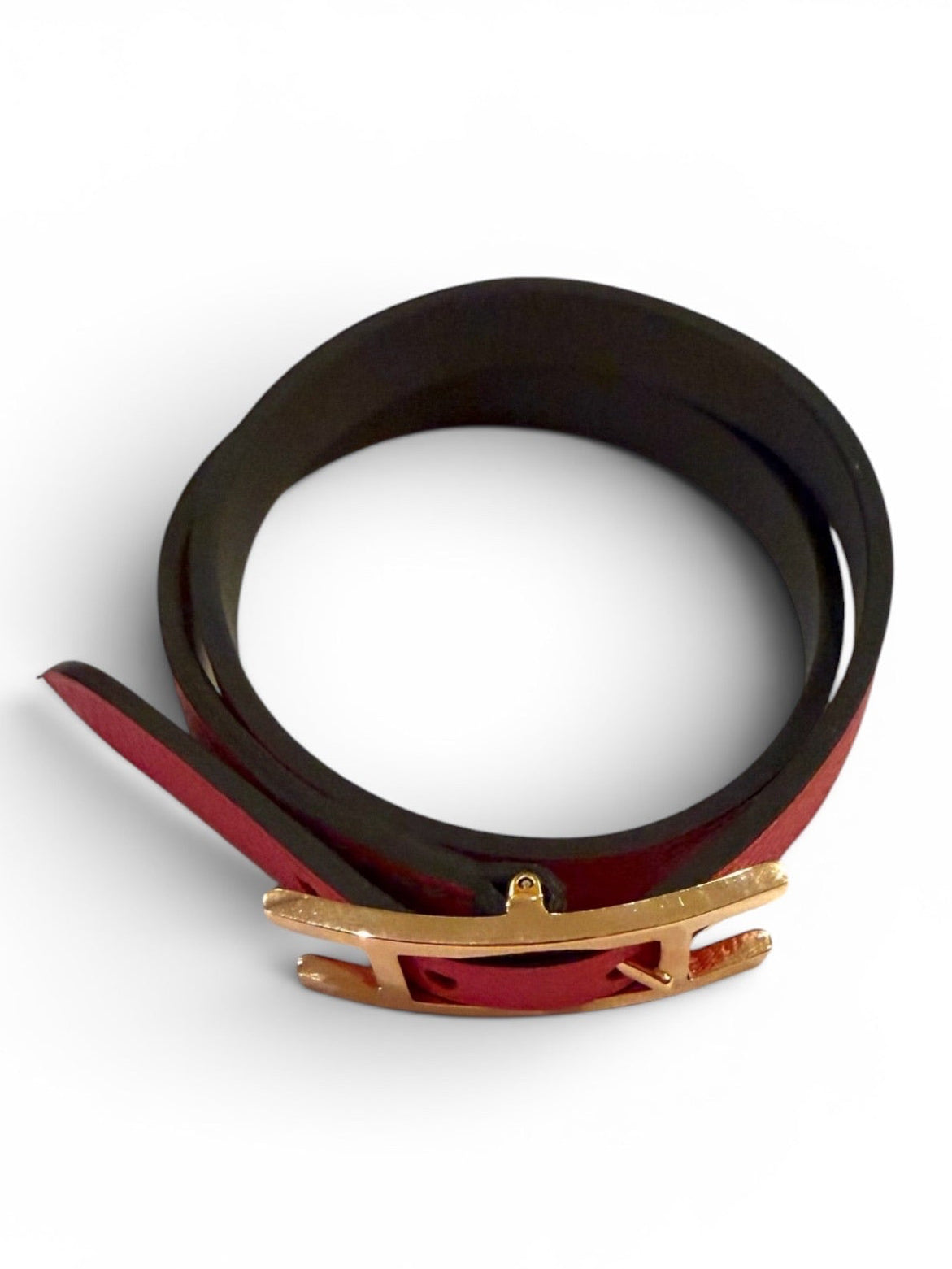 Hermès Hapi Red Epsom Leather Double Wrap Bracelet with Gold-Tone H Buckle
